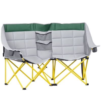 Outsunny 62" W Double Seat Camping Chair Folding Lawn Loveseat w/ Storage Pocket & Cup Holder Compact in a Bag for Outdoor, Beach, Picnic, Hiking, Travel, Green