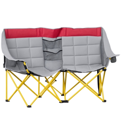 Outsunny 62" W Double Seat Camping Chair Folding Lawn Loveseat w/ Storage Pocket & Cup Holder Compact in a Bag for Outdoor, Beach, Picnic, Hiking, Travel, Red