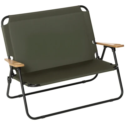 Outsunny Double Folding Chair, Loveseat Camping Chair for 2 Person, Portable Outdoor Chair with Wood Armrest for Fishing Travel, Green