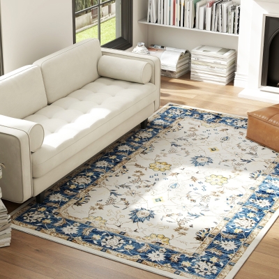 HOMCOM 5x7 Boho Floral Area Rug, Non-Slip Carpet, Blue