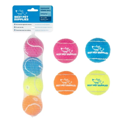 Best Pet Supplies Squeaky Tennis Balls, 4-Pack, Heavy-Duty Interactive Toys for Dogs,, 2" L x 2" W x 2" H, Multicolor