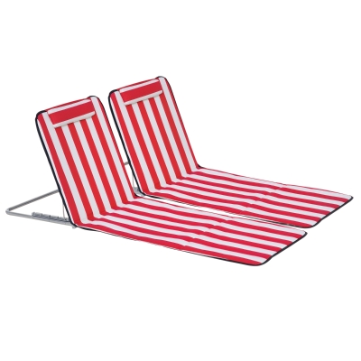 Outsunny Set of 2 Beach Lounge Chair Sun Lounger, Folding Ground Beach Mat w/ Adjustable Back, Steel Frame, Head Pillow and Carry Bag for Backyard Lakeside, Red and White