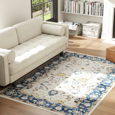 HOMCOM 4x6 Boho Floral Area Rug, Non-Slip Carpet, Blue