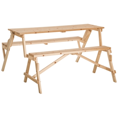 Outsunny Patio Wooden Folding Picnic Table with Benches, Outdoor 2 in 1 Convertible Patio & Garden Bench, Foldable Picnic Table with Umbrella Hole, Nature