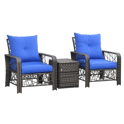 Outsunny 3 Pieces Wicker Patio Furniture Set, Rattan Bistro Set with Storage Coffee Table and Thickened Cushions, Outdoor Conversation Set for Garden, Porch, Balcony, Blue