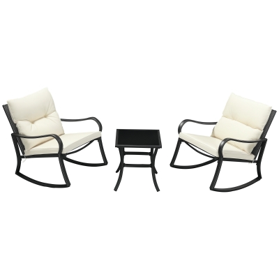 Outsunny 3 Pieces Patio Wicker Rocking Chairs Table Set, Outdoor PE Rattan Furniture with 2 Rockers & 1 Coffee Table w/ Padded Cushions for Deck, Backyard, Garden, Cream White