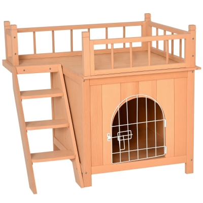 PawHut 2-Level Wooden Cat House, Outdoor Dog Shelter, Natural