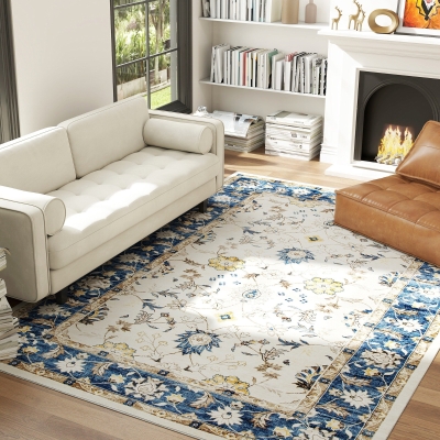 HOMCOM 8x10 Boho Floral Area Rug, Non-Slip Carpet, Blue