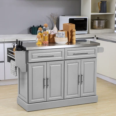 HOMCOM Rolling Kitchen Island with Stainless Steel Top, Gray