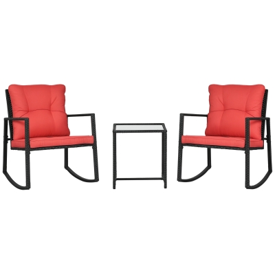 Outsunny 3 Pieces Rocking Bistro Set, Outdoor Wicker Patio Furniture with Glass Coffee Table and Outside Rocking Chairs for Porch, Conversation Sets with Thick Cushions, Red