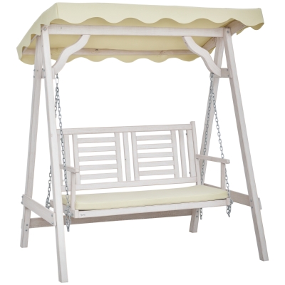 Outsunny 2 Seater Patio Swing with Stand, Canopy and Cushion, Outdoor Swing Chair Wooden Swinging Bench