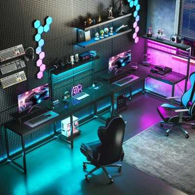 HOMCOM 61.6" L-Shaped Gaming Desk with LED Lights & Outlets, Black