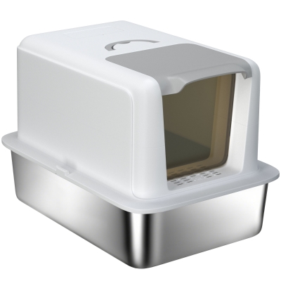 PawHut Stainless Steel Cat Litter Box w/ Removable Lid & Scoop, for Small to Large Cats, Easy to Clean, White