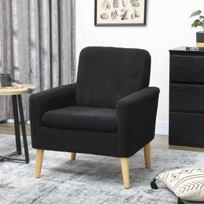HOMCOM Fabric Accent Chair, Modern Upholstered Armchair with Wood Legs and Wide Padded Seat, Black