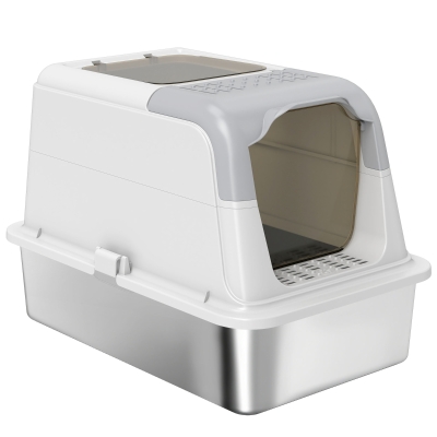 PawHut Extra Large Stainless Steel Litter Box, Enclosed Kitty Litter Box for Big Cats with Scoop, Deodorizer Bag