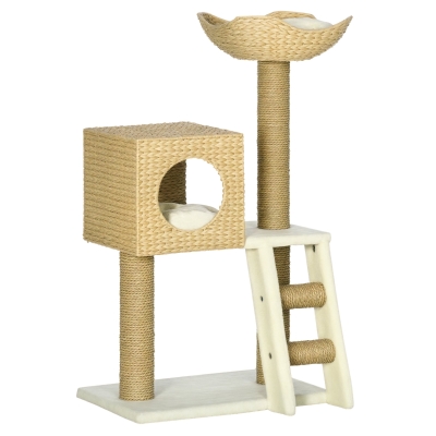 PawHut Cattail Cat Tree, Rattan Condo, 22.5" x 14.5" x 39.5"
