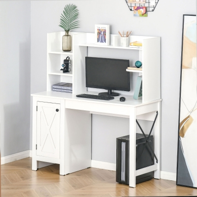 HOMCOM Computer Desk with Storage, 47 Inch Farmhouse Home Office Desk with Open Shelves and 2-Tier Cabinet, White