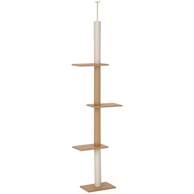 PawHut Floor-to-Ceiling Cat Tree Climbing Tower with Sisal-Covered Scratching Posts Natural Cat Tree Activity Center for Kittens Tower Furniture, Light brown