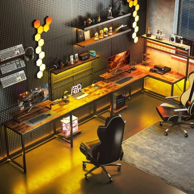 HOMCOM 61.6" L-Shaped Gaming Desk with LED & Power, Brown