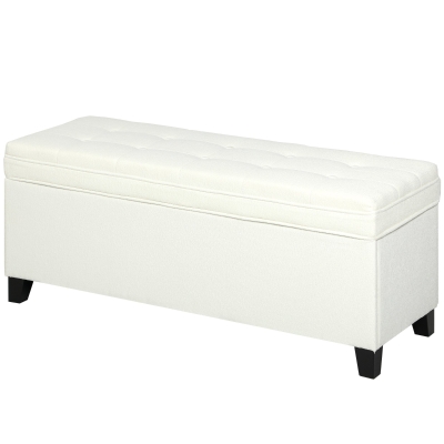 HOMCOM Storage Ottoman Bench, Foot Rest with Safety Hinges, 47 Inches Linen Storage Chest for Living Room, Cream White