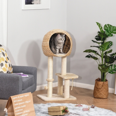 PawHut 39" H Cat Tree with Sisal Scratching Post, Condo, Plush Perch, Hanging Rope and Hanging Ball, Beige