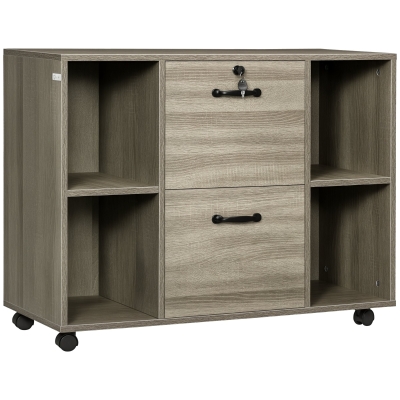 Vinsetto Lateral Filing Cabinet with Wheels and Lockable Drawer, File Cabinet, Mobile Printer Stand with Open Shelves for Letter and A4 Size Documents, Grey