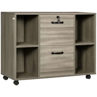 Vinsetto Lateral Filing Cabinet with Wheels and Lockable Drawer, File Cabinet, Mobile Printer Stand with Open Shelves for Letter and A4 Size Documents, Grey
