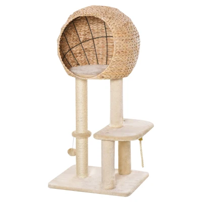 PawHut 39" H Cat Tree with Sisal Scratching Post, Condo, Plush Perch, Hanging Rope and Hanging Ball, Beige