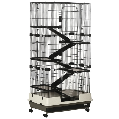 PawHut 6-tier Platform Rolling Small Animal Cage Rabbit Hutch Pet Play House with Platform, Ramp,Removable Tray. 4 universal wheels (Black) for Bunny Pet Mink Chinchilla