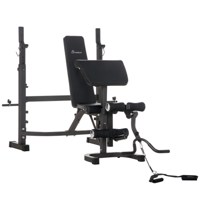 Soozier Weight Bench Stand with Squat Rack, Adjustable Olympic Bench, Multifunctional Arm Curl Pad, Leg Extension, Grey