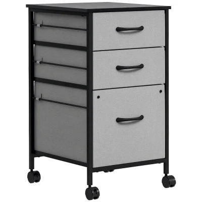 Vinsetto Vertical Filing Cabinet, Mobile File Cabinet with 3 Non-woven Fabric Drawers, Hanging Bars for Letter Size, Industrial Printer Stand for Home Office, Dark Grey