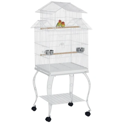 PawHut 53.9'' Large Rolling Steel Bird Cage Bird House with Detachable Rolling Stand, Storage Shelf, Wood Perch, Food Container, White