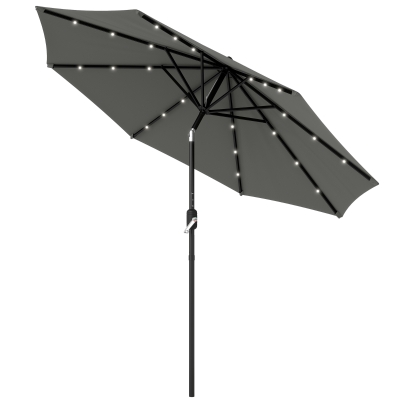 Outsunny 8.8 ft Solar Powered Outdoor Patio Umbrella Round Market Table Umbrella with Adjustable LED Lights Tilt Crank Dark Grey