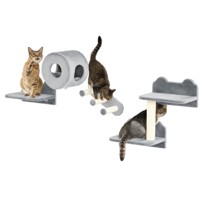 PawHut 4 PCs 9.3" H Cat Wall Shelves, Pet Wall-mounted Climbing Shelf Set, Kitten Activity Centre with Condo, Cushion, Scratching Post, Jumping Platform, Grey