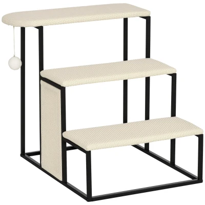 PawHut 20" 3 Steps Cat Stairs, Carpeted Ladder Ramp, Pet Steps with Scratching Board and Hanging Ball for Small Cats, Steel Frame, Cream White