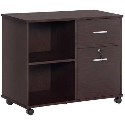 Vinsetto Lateral Filing Cabinet with Wheels, Locking File Cabinet, Mobile Printer Stand with Open Shelves and Drawers for A4 Size Documents, Walnut