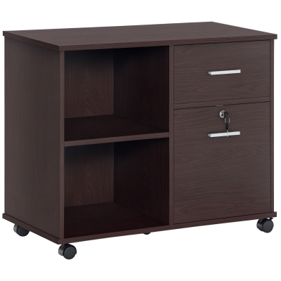 Vinsetto Lateral Filing Cabinet with Wheels, Locking File Cabinet, Mobile Printer Stand with Open Shelves and Drawers for A4 Size Documents, Walnut