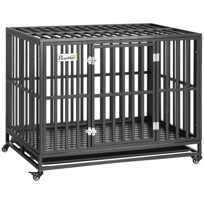 PawHut 44" Heavy Duty Steel Dog Crate Kennel Pet Cage with Wheels for Convenient Access Anti-Pinching Floor, Black