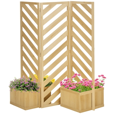 Outsunny Outdoor Privacy Screen with Planters, Natural Wood