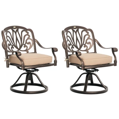 Outsunny 2 Pieces Patio Swivel Chairs with Cushion, Aluminum Frame, 3" Thick Cushions, For Garden, Balcony, Porch, Bronze