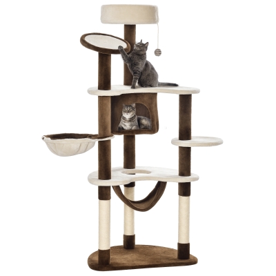 PawHut 60" Cat Scratching Tree, Cat Bed Condo Post House Pet Furniture Toys-Brown & Beige