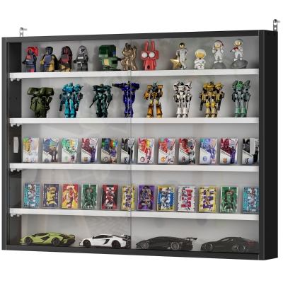 HOMCOM 5-Tier Display Cabinet, Shot Glass Display Case, Glass Curio Cabinet with 2 Glass Doors and 4 Adjustable Shelves, Black