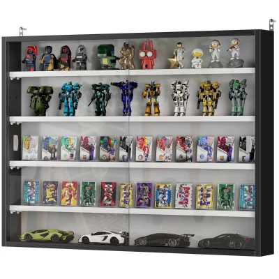 HOMCOM 5-Tier Display Cabinet, Shot Glass Display Case, Glass Curio Cabinet with 2 Glass Doors and 4 Adjustable Shelves, Black