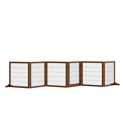 PawHut Wooden Pet Gate, Dog Safety Barrier, Freestanding Foldable Fence, w/ 6 Panels, 2 Support Feet, for House Doorway Stairs, Small & Medium Dogs, Coffee