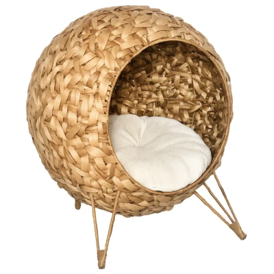 PawHut 20.5″ Weaved Cat Bed, Braided Banana Leaf Condo, Beige
