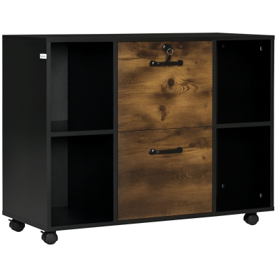 Vinsetto Lateral Filing Cabinet with Wheels and Lockable Drawer, File Cabinet, Mobile Printer Stand with Open Shelves for Letter and A4 Size Documents, Rustic Brown