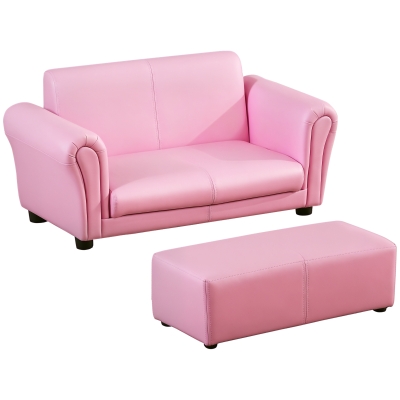 Qaba Kids Sofa Set, Pink with Footstool for Toddlers