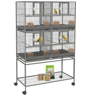 PawHut 61"H Divided Breeder Bird Cage with Rolling Stand Removable Metal Tray, Storage Shelf, Wood Perch, and Food Container, Dark Grey
