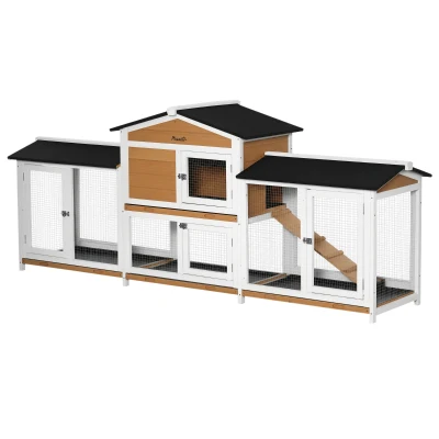 PawHut 90.5″ Wooden Rabbit Hutch with Double Run Boxes, Light Gray