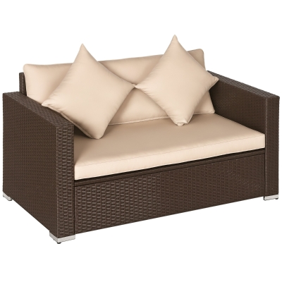 Outsunny Wicker Loveseat Sofa, 2-Seater Patio Couch, Beige